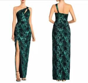 New Aidan Mattox Metallic Jacquard One-Shoulder Gown Emerald Green Women Size 10